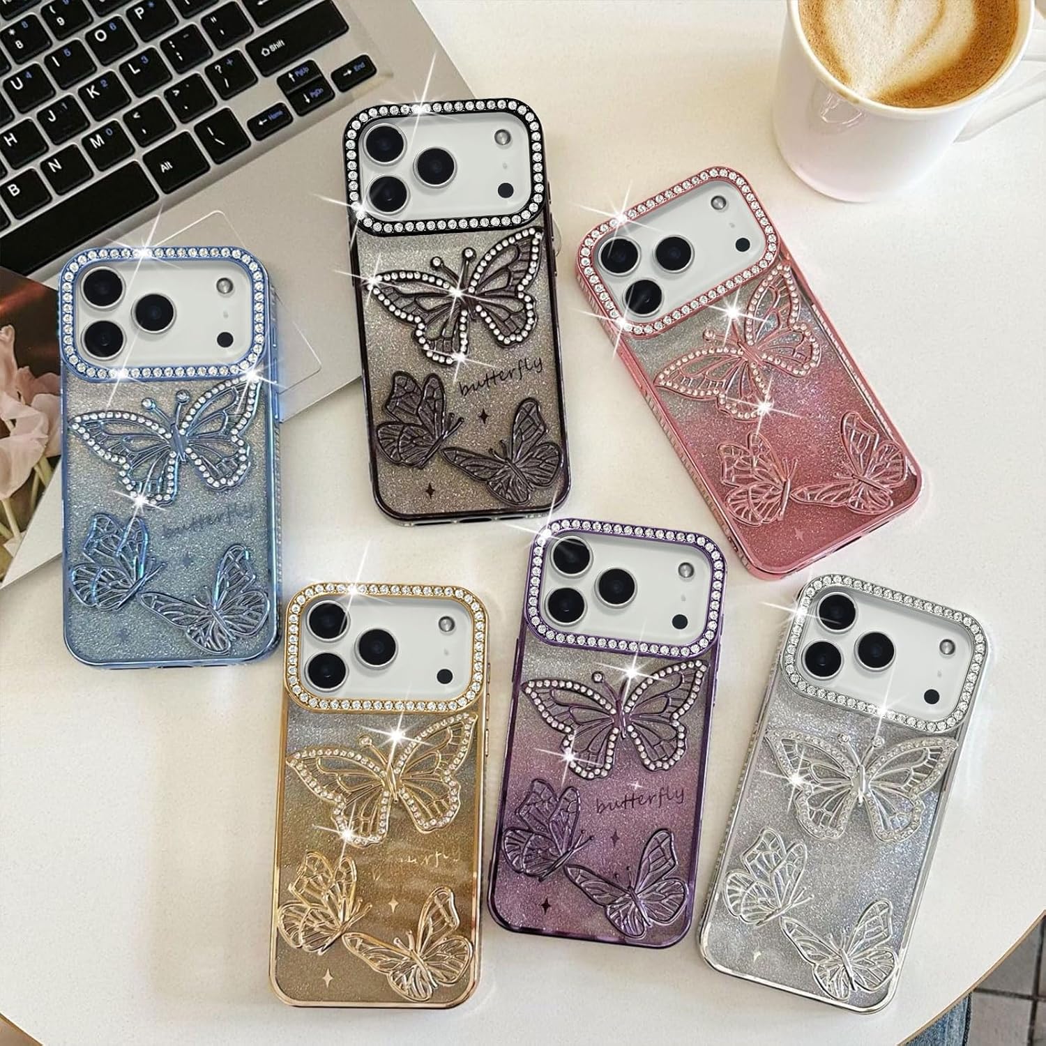 Fycyko Compatible for iPhone 17 Pro Case with Luxury Glitter Plating Cute Butterfly Rhinestone Sparkly Design Aesthetic Women Girls Shiny Bling Camera Protective Cover-Pink - Image 8