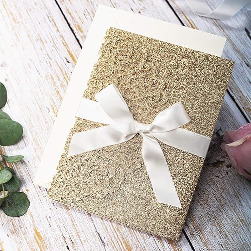 Miniatura 4 de 5.1 x 7.1 pulgadas, 50 invitaciones de boda personalizadas con purpurina dorada cortadas con láser con sobres y bolsillo hueco de rosa con cinta e