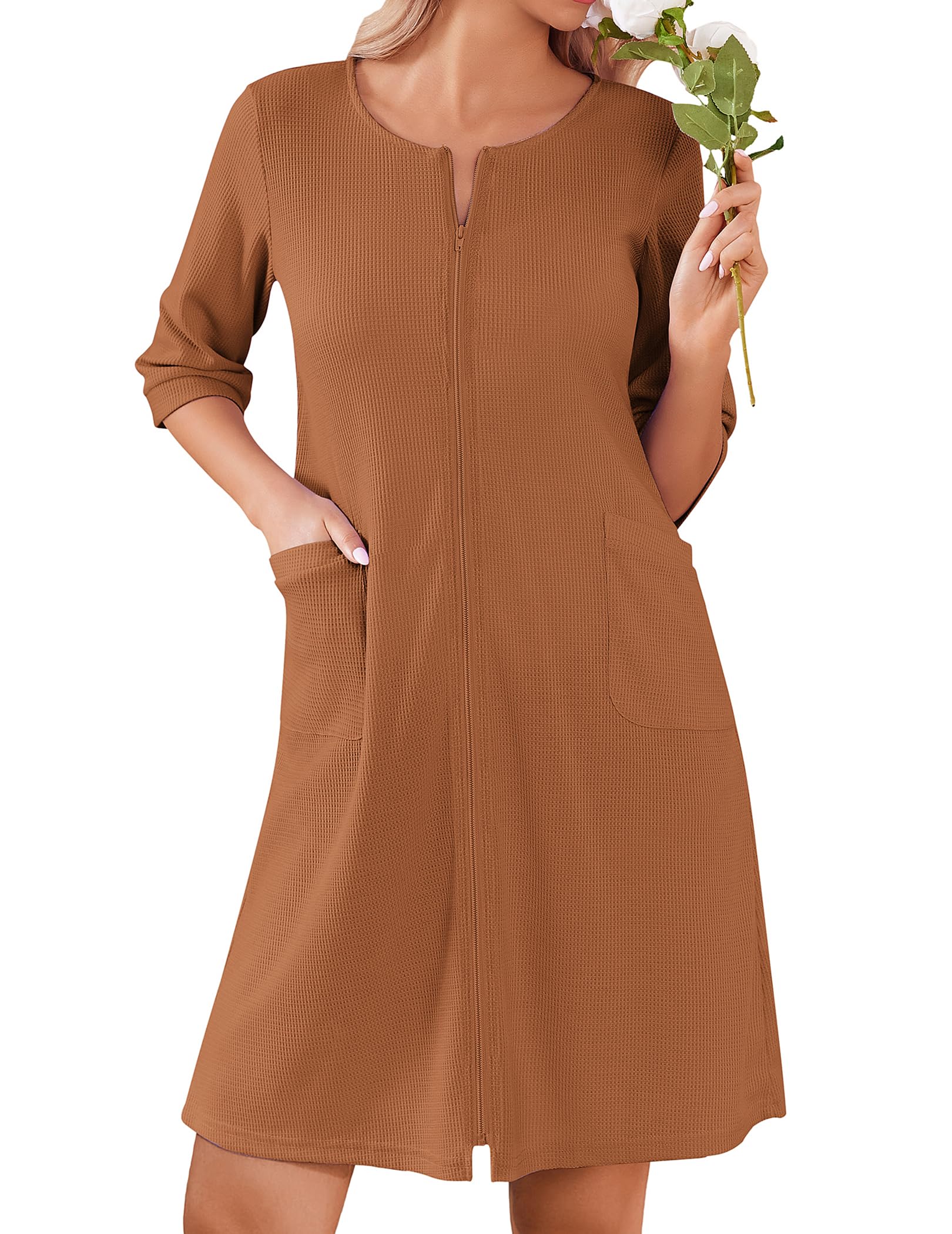 Ekouaer Women Zipper Robes Knee Length Waffle Knit Bathrobe Lightweight House Coat with Pockets 3 4 Sleeves Loungewear