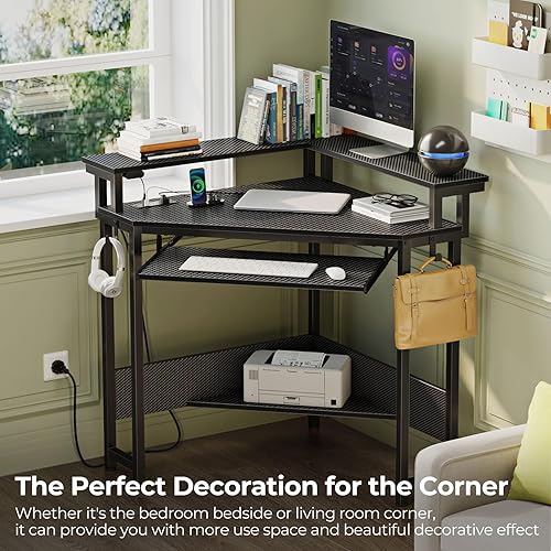 Miniatura 3 de Rolanstar Escritorio esquinero, 44.5 pulgadas de ancho x 34.5 pulgadas de alto, escritorio de computadora de fibra de carbono con tomas de