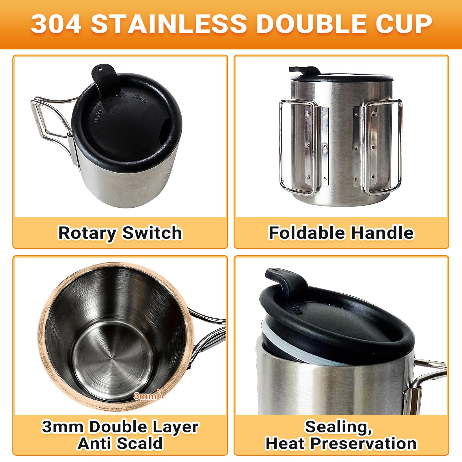 Bulin Tetera de Camping de 2,2 L con 2 Vasos, Hervidor de Agua, Taza de Acero Inoxidable con Tapa y asa Plegable para Exteriores, Pícnic, Senderismo