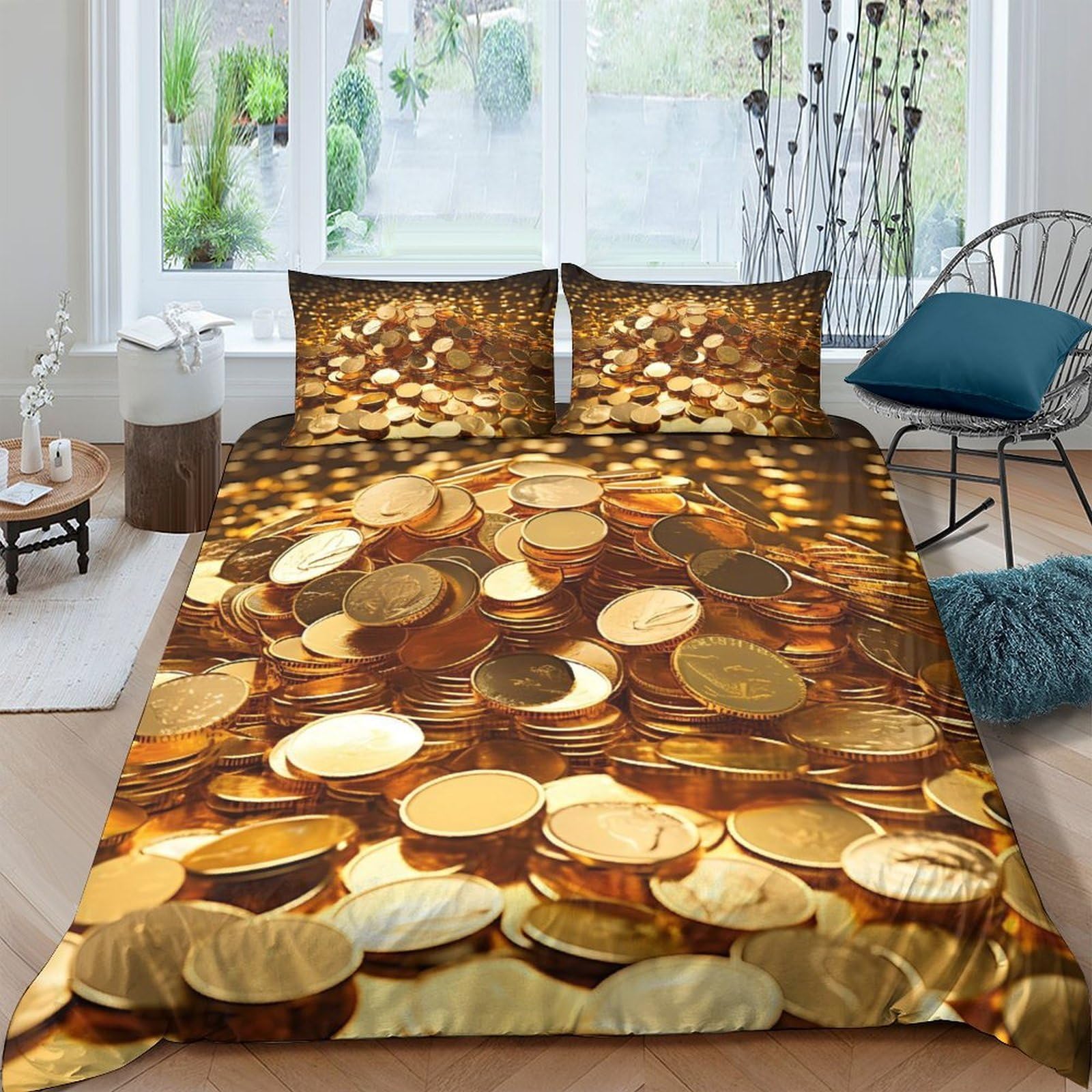 GPLZQXKJNH 3D Printed Gold Coin Duvet Cover Microfiber Soft Breathable Treasure Pile Bedding Set with 2 Pillowcases for Bedroom Décor Single（135x200cm）
