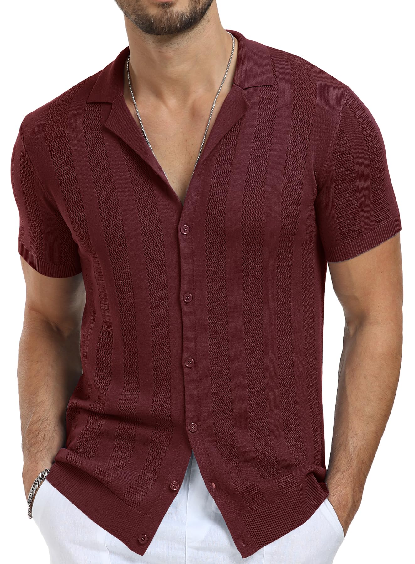 NITAGUT Men's Vacation Beach Shirts Knit Cuban Collar Mesh Button Down Short Sleeve Shirt