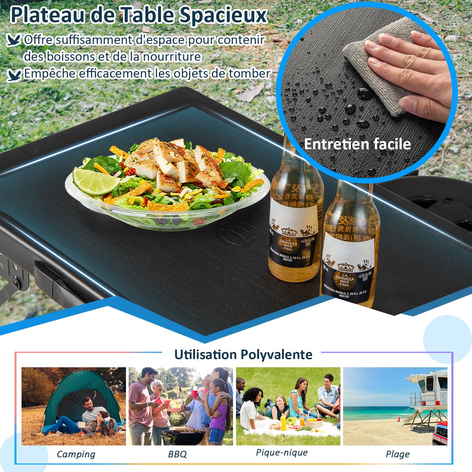 GOPLUS Mesa de camping con 2 taburetes retráctiles LED, juego de 3 piezas para playa, jardín, mesa plegable portátil y 2 sillas ligeras para picnic, barbacoa, pesca