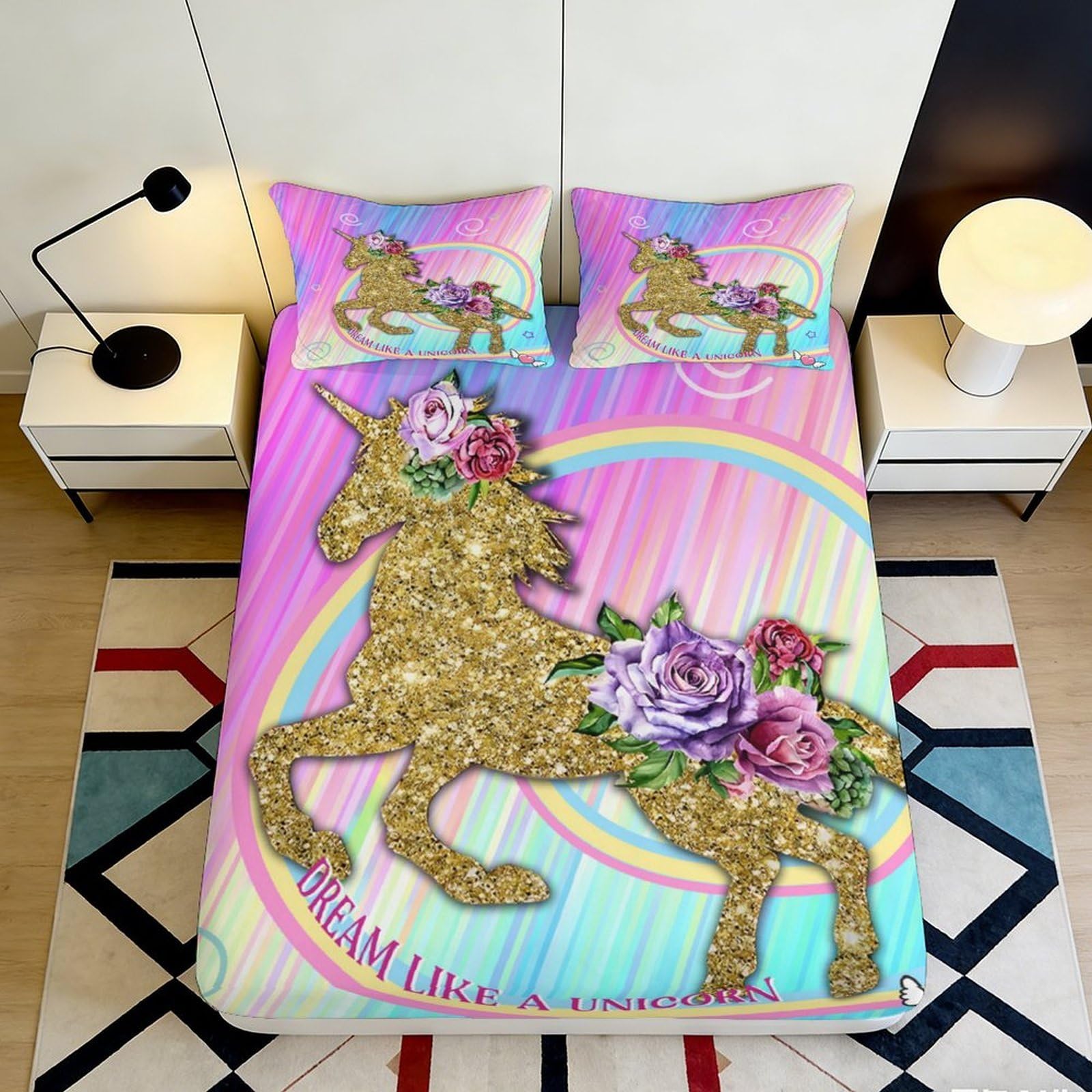 3D Printed Glitter Unicorn Fitted Sheet Microfiber Soft Breathable Rainbow Floral Bed Cover for Bedroom Dormitory Guest Room Mattress Protection 90x200x25cm
