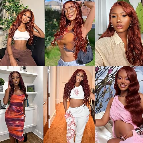 Miniatura 6 de Pelucas de cabello humano con encaje frontal marrón rojizo de 13 x 4 pulgadas, pelucas de cabello humano ondulado con encaje frontal de 180 % de