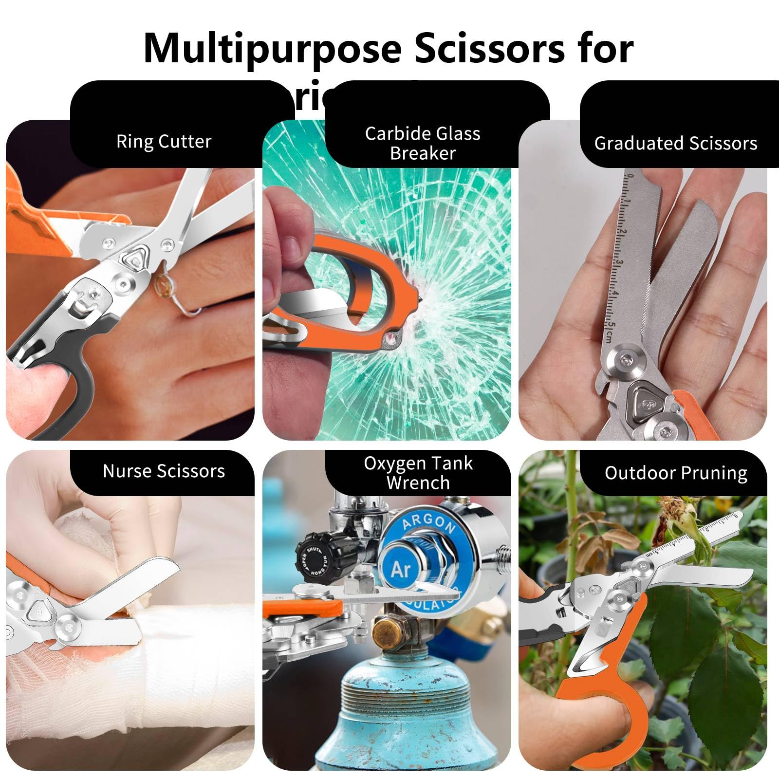 6 in 1 Traumaschere mit Schere, Zange & 24 in 1 Multifunktions-Schlüssel, Notfall-Schere mit Gurtschneider & Glasbrecher, Rettungsschere für Outdoor-Camping (Schwarz+Orange)