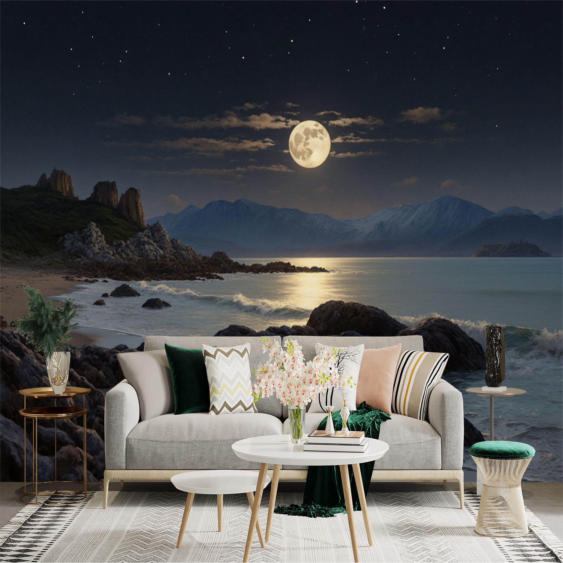 Lnzczhyre Xc260505804 Custom Size Wall Sticker Mural， Full Moon Over Calm Ocean， Night Seascape， Rocky Beach Scenery， Serene Coastal Landscape， For Wall Decoration， Peelandstick Wall Decals.