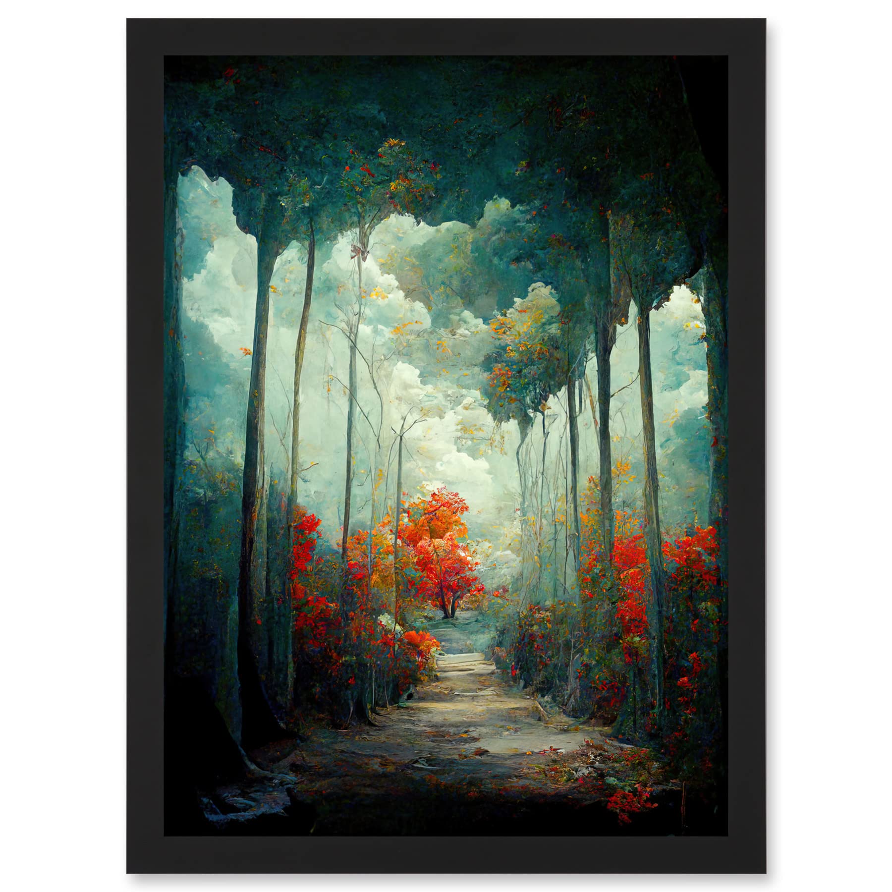 Doppelganger33 LTD Autumn Forest Path Landscape Scene Painting Artwork Framed A3 Wall Art Print