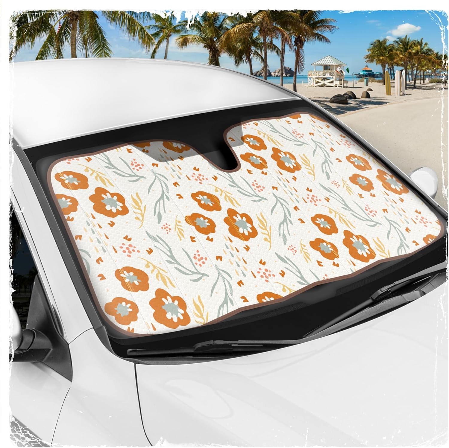 C&C Orange Floral Car Windshield Sun Shade - Sun Visor Sunshade for Car Windshield - Window Shades for Cars, SUV & Truck - Dash Cover UV Protection for Front Window Shade Accessories - 57" x 27"