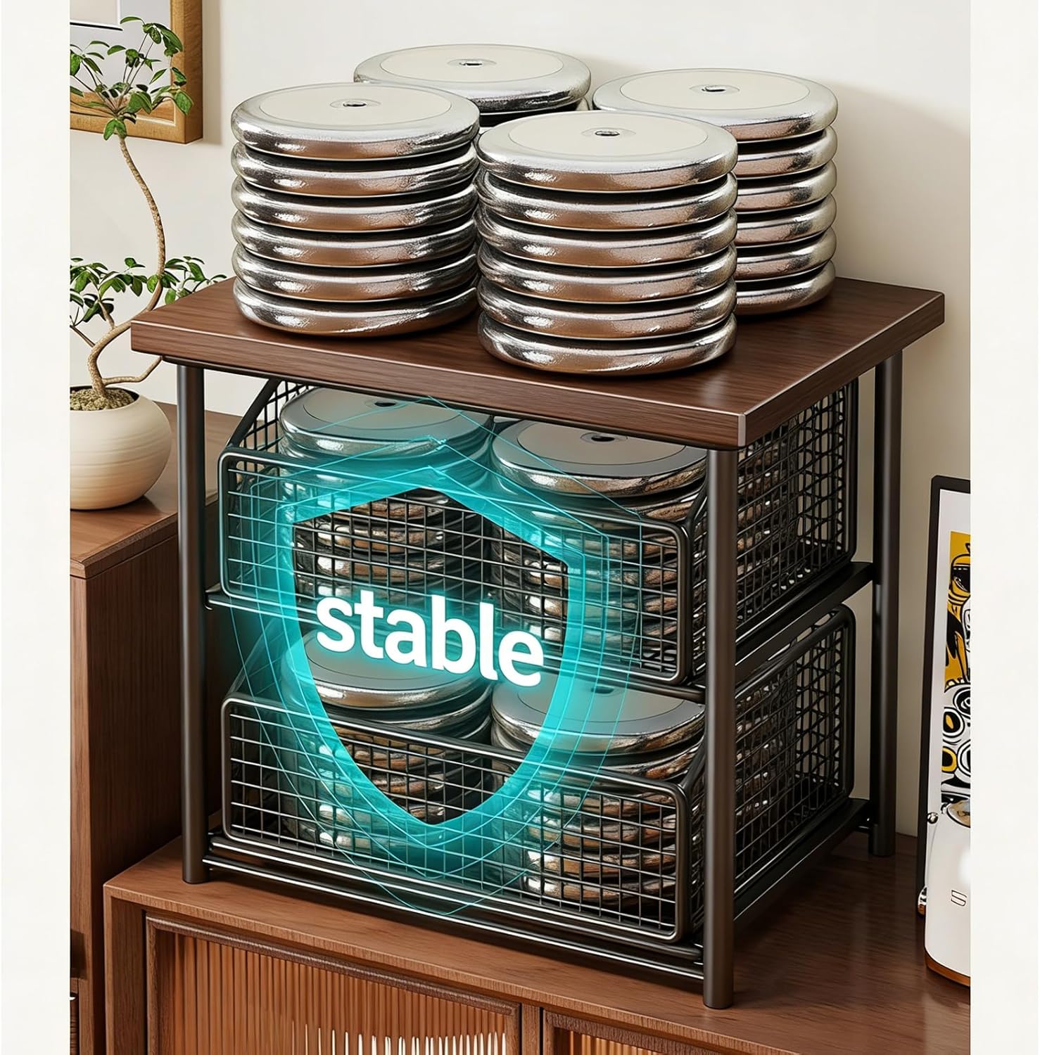 Countertop Drawer-Kitchen Countertop Organizer With Drawer And Wire Basket, Sturdy Hardwood Shelf, Space-Saving For Coffee Maker, Seasoning Bottle, Kitchenware (Single-layer,P2)
