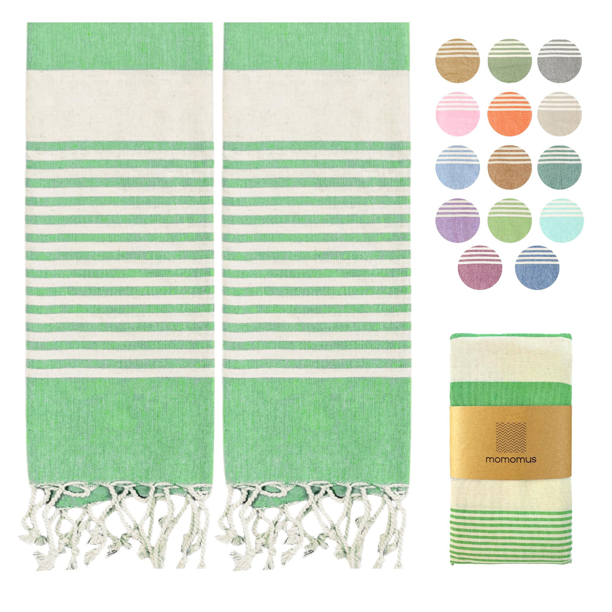 MOMOMUS Pack de 2 Foutas XL o Toallas de Playa Grandes de Algodón 100% - Absorbente, Ultrasuave, Compacta - Pareo y Toalla para Sauna, SPA y Piscina - Verde Manzana, 90x180cm