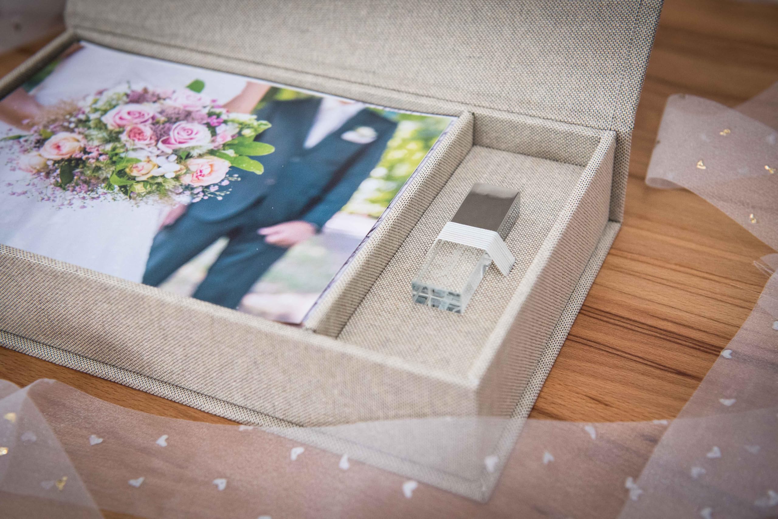 Boîte de rangement USB de mariage avec boîte photo - Blanc, gris - Sans clé USB (gris)