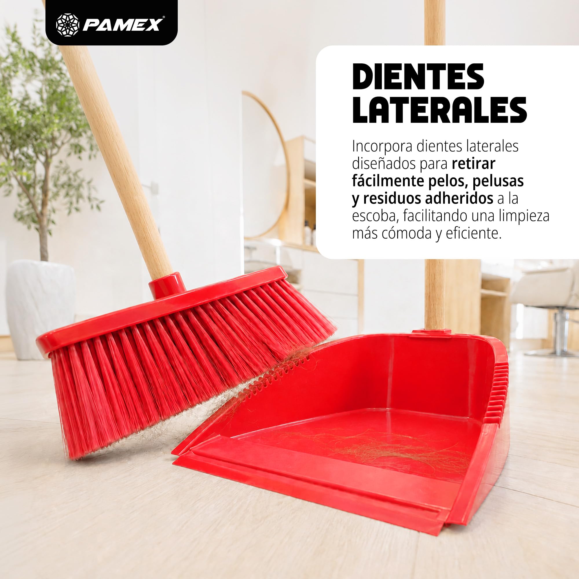 Pamex - Recogedor Tecnico Antivuelco con Palo Madera - 24 Unidades (Rojo)