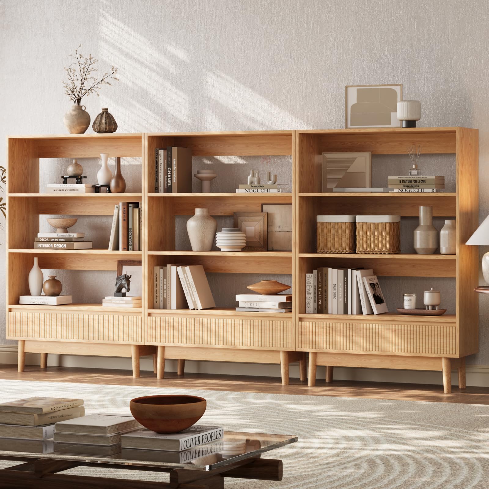 VOWNER 3-Ebenen Bücherregal mit Schublade, Offenes Standregal, Holzregal Modern, Vielseitiges Aufbewahrungsregal, für Büro, Wohnzimmer, Schlafzimmer, Küche, 80x120x30 cm, Holzfarbe (1)