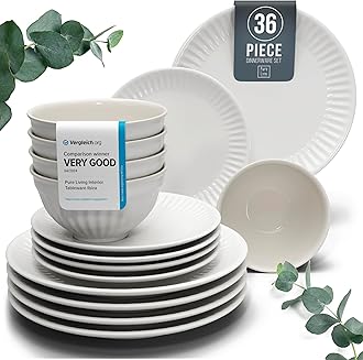 36-Piece Dinnerware Set - Bowl and Plate Set - Stoneware Dining Set for 12 People - Dishwasher and Microwave Safe - Grooved Dining Service in Light Grey