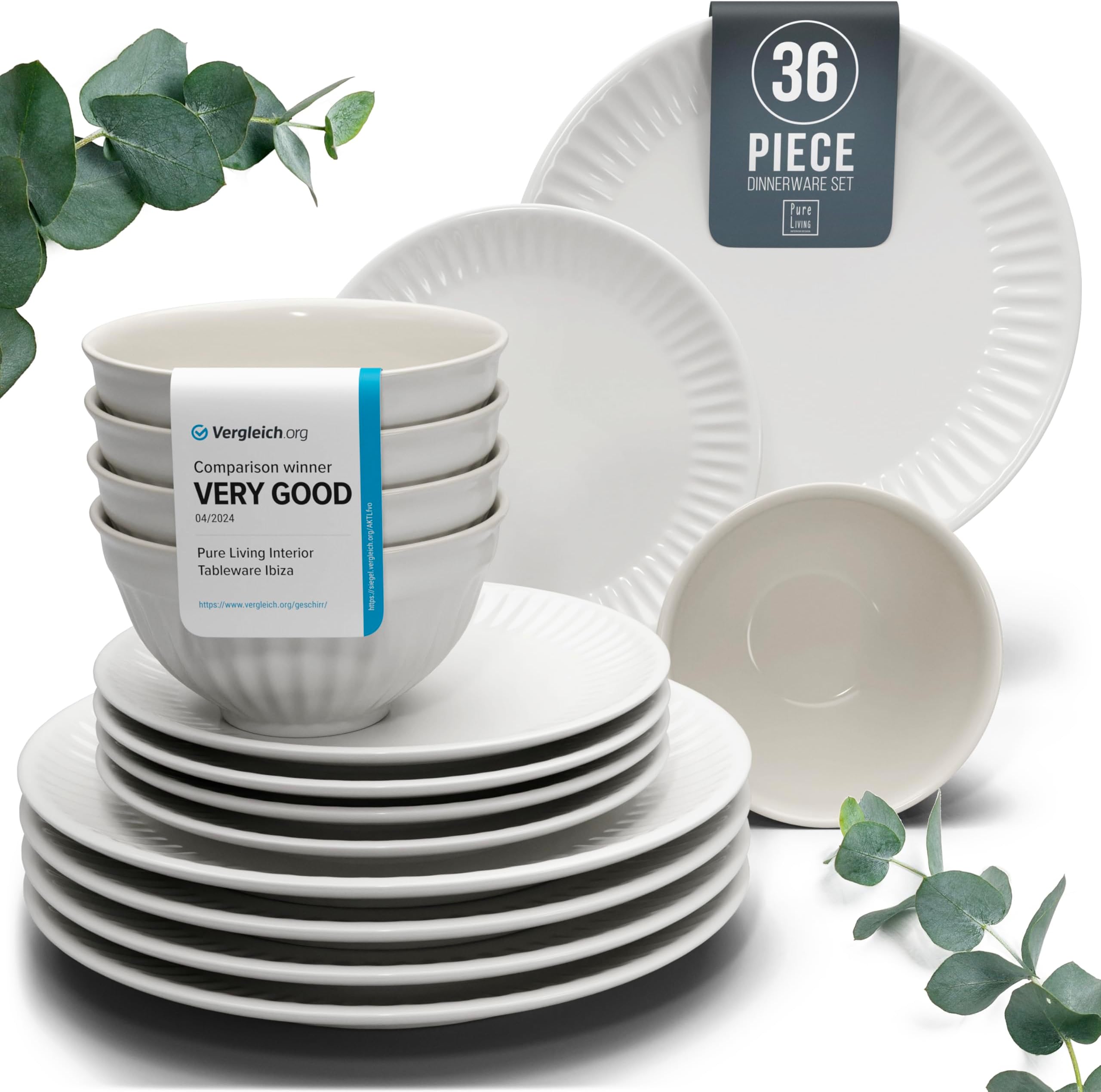 36-Piece Dinnerware Set - Bowl and Plate Set - Stoneware Dining Set for 12 People - Dishwasher and Microwave Safe - Grooved Dining Service in Light Grey