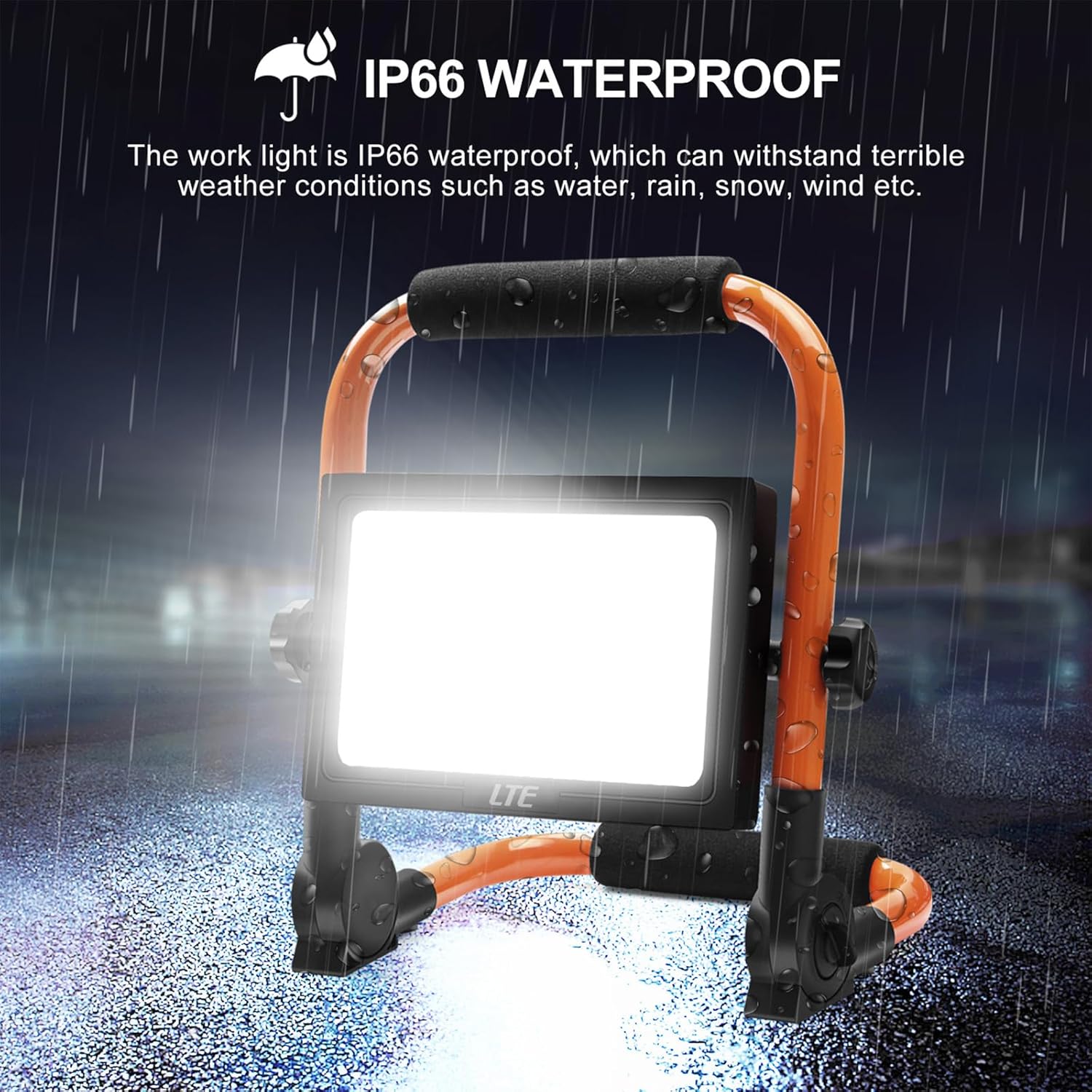 LTE 50W LED Work Light, 4300LM 500W Equivalent Portable Light IP66 Waterproof Outdoor Flood Lights 16.4FT Cable with Plug Switch, 5000K Daylight, Adjustable Job Site Lighting for Garage Workshop