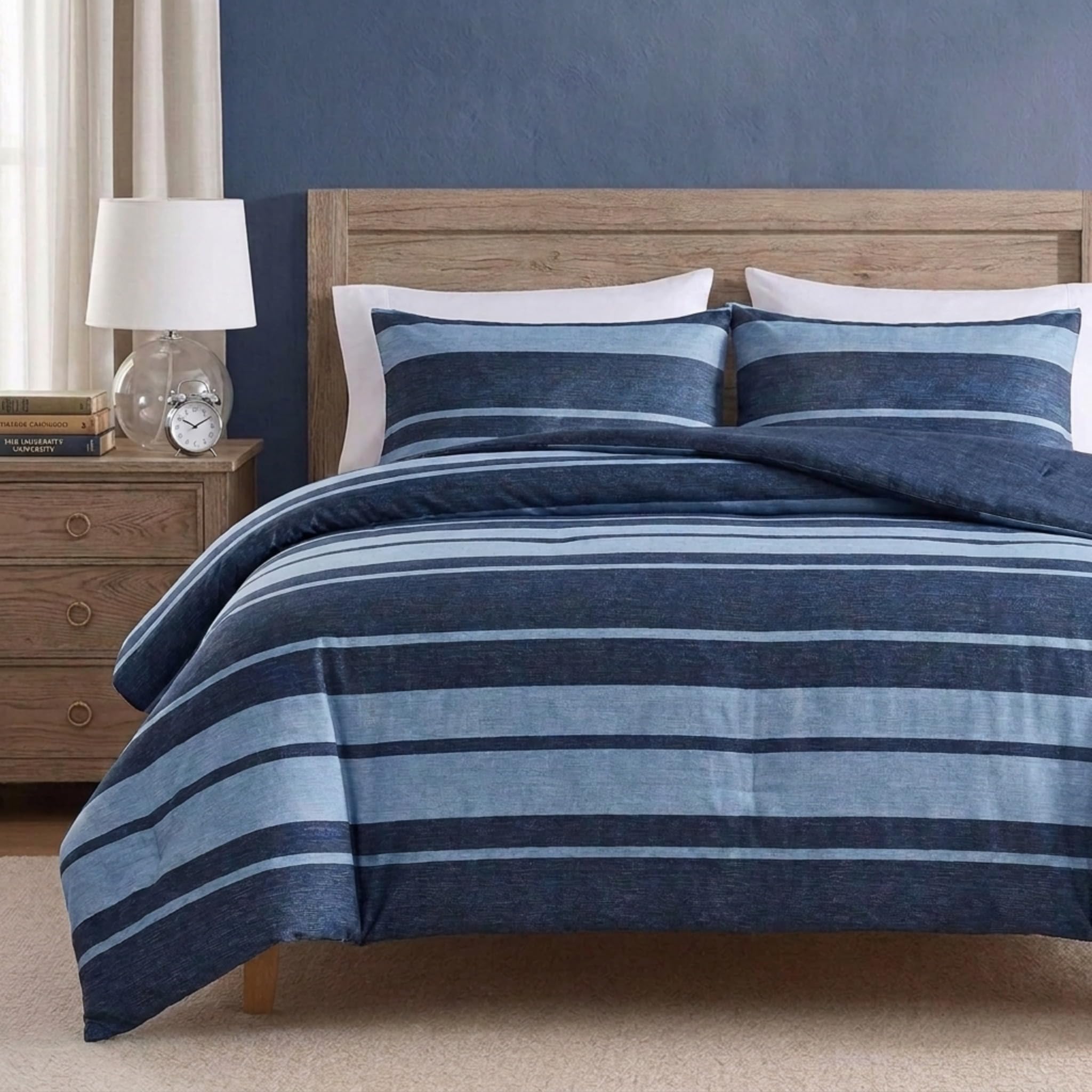 Nautica Juego de Ropa de Cama de 3 Piezas, 100% algodón, Acogedor, Suave, Duradero y Transpirable, a Rayas, Color Azul, matrimonial/Queen