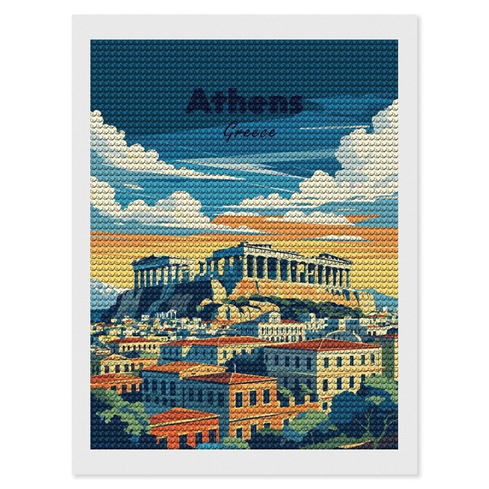 Junmoney Athens Greece Travel Diamond Painting Kit 12"x16", Easy Handmade Project, Easy to Enjoy, Aesthetic Room Decor, Christmas Gift