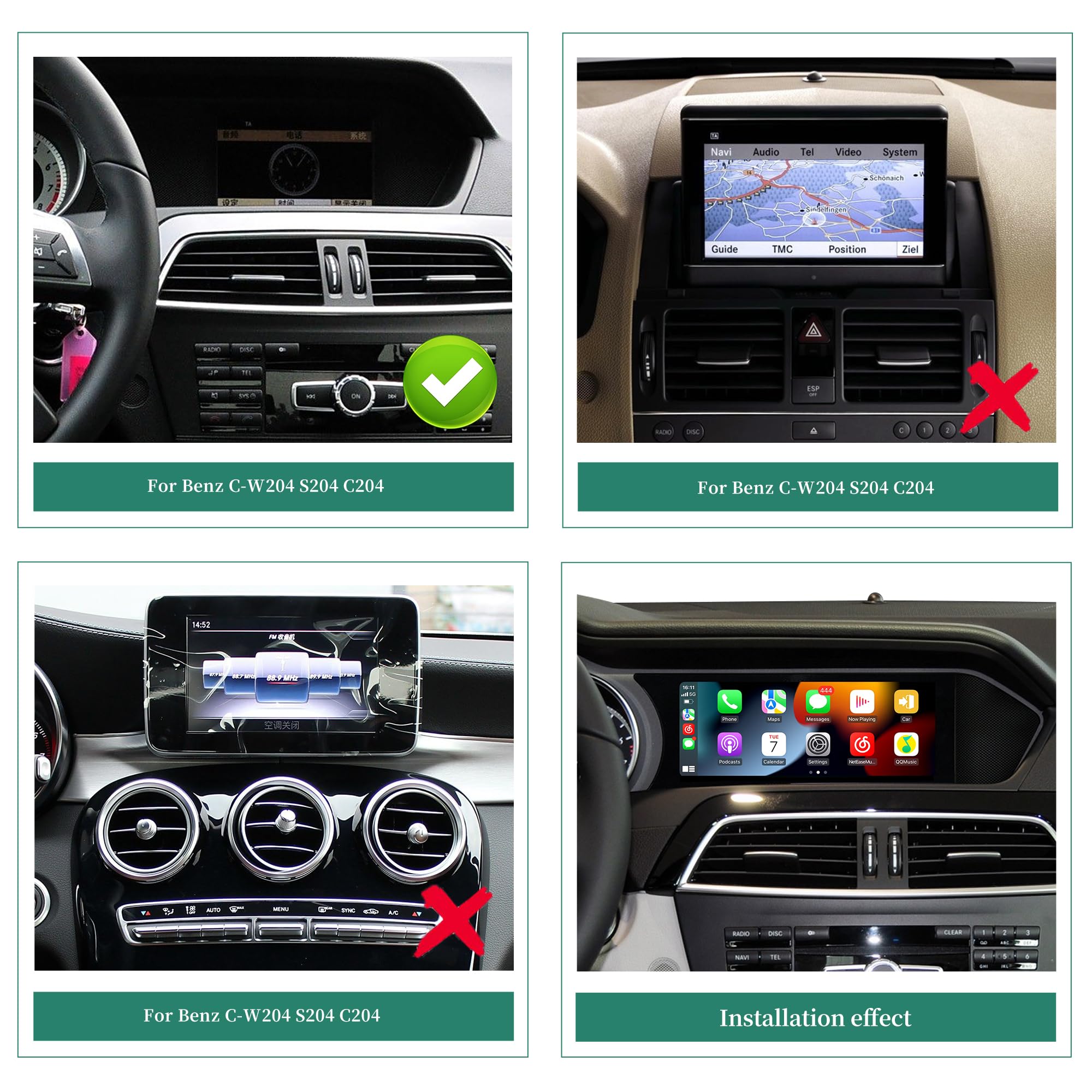 Ekran Android 8,8 cala do Mercedesa klasy C W204 C204 S204 NTG 4,5/4,7, bezprzewodowa CarPlay Android Auto, lustrzane odbicie ekranu, podzielony ekran, Wi-Fi, muzyka, nawigacja, kamery pojazdów