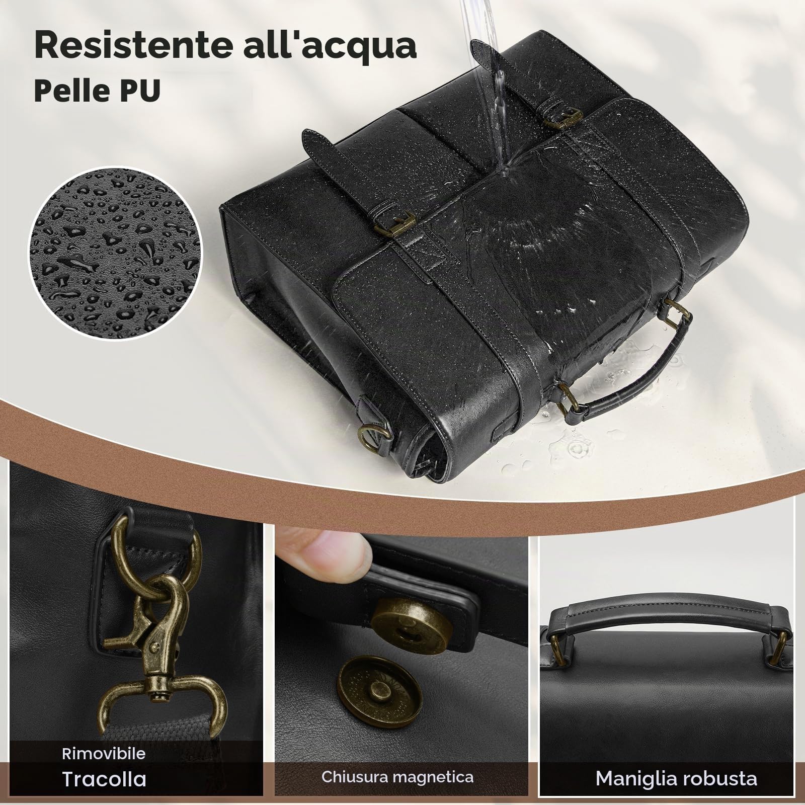 RAINSMORE Borsa Porta PC 15.6 Pollici Lavoro Uomo Ufficio in Pelle PU a Tracolla Documenti Computer Portatile Impermeabile