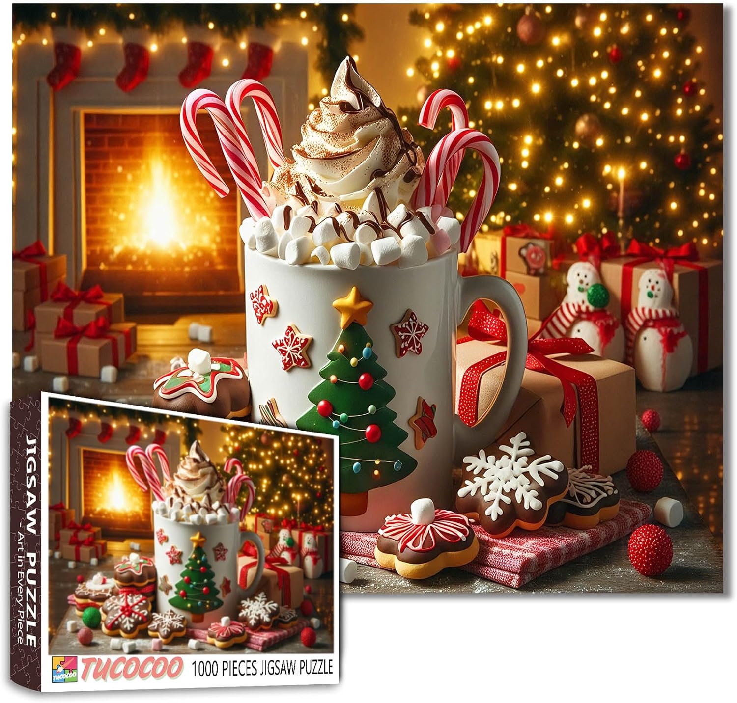 Hot Cocoa Christmas Mug Marshmallows Cookies 1000 Piece Jigsaw Puzzle for Adults Students Cozy Holiday Puzzle Art Candy Ice Cream Fireplace Scene Winter Activity Gift Idea 20×27 Inch Fun Family Game