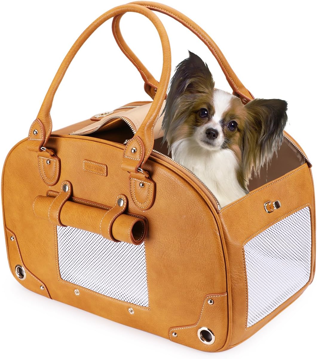 PetsHome Dog Carrier, Pet Carrier, Waterproof Premium Leather Pet Travel Portable Bag Carrier for Cat and Small Dog Home & Outdoor Small…