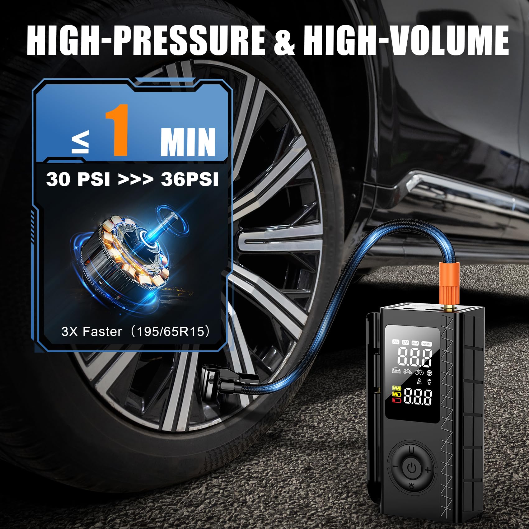 Tire Inflator Portable Air Compressor 150PSI Cordless Air Pump For Car Tires Bike Pump Motorcycle Balls with Digital — view 3