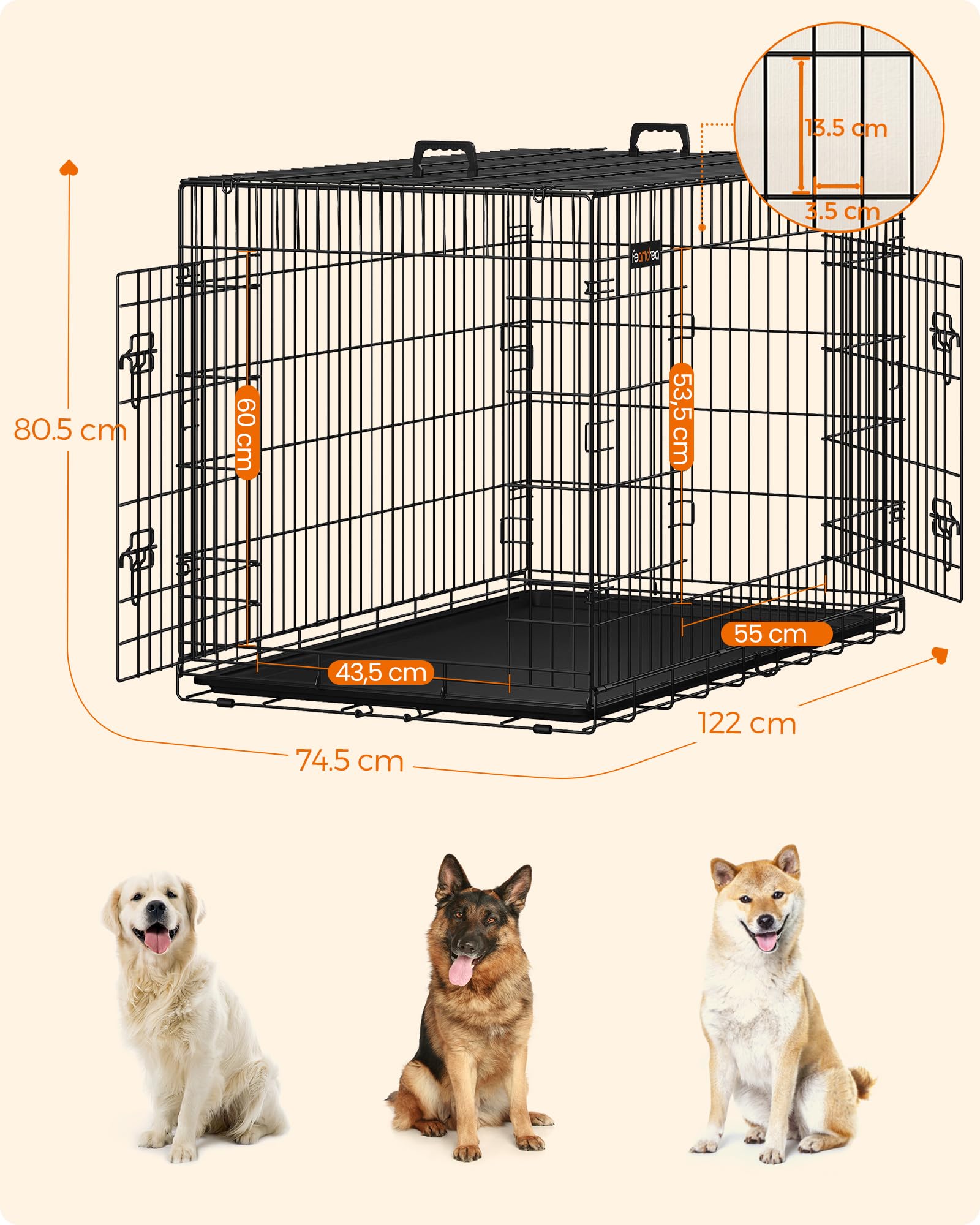 Feandrea Jaula para Perros Plegable con 2 Puertas, Separador, Bandeja Extraíble, 122 x 74,5 x 80,5 cm, XXL, Negro PPD48BK