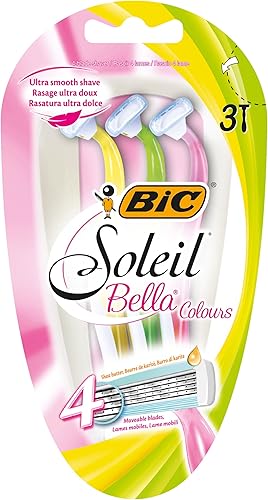 BIC Soleil Bella Colours - Maquinillas de afeitar de 4 hojas para mujer, paquete de 3, cuchillas montadas en resorte con cabezal giratorio para un