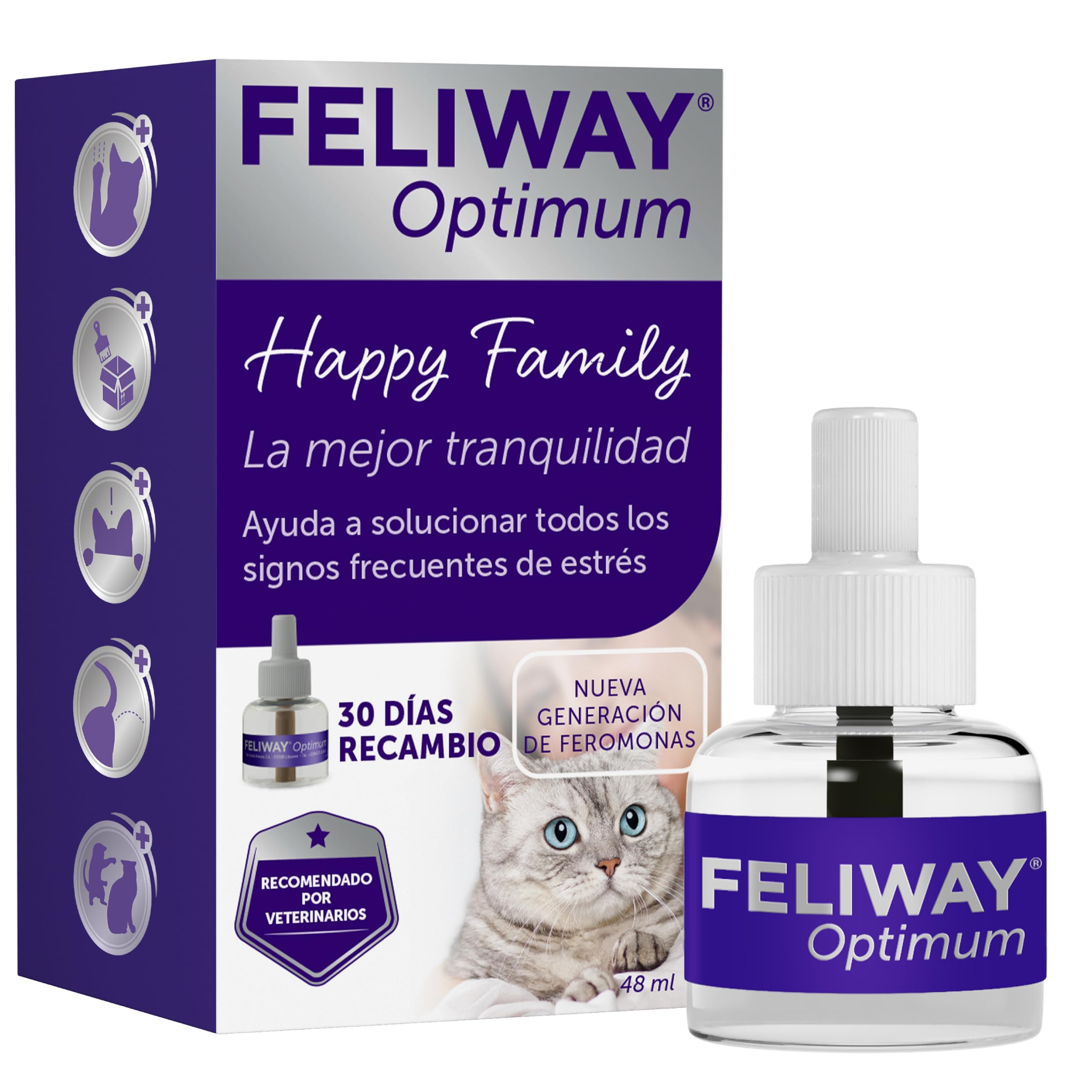 FELIWAY Optimum - Recambio de feromonas calmantes para gatos (30 días, 48mililitro) - Ayuda a reducir los signos más comunes de estrés. Recomendado por veterinarios. La mejor tranquilidad.