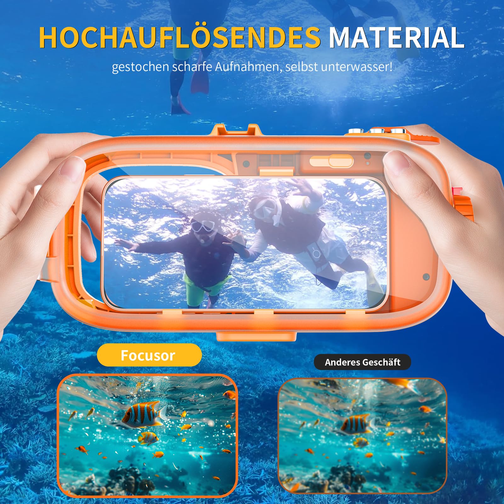 wasserdichte Handyhülle IPX8 Universelle Tauchen,Professionelle Unterwasser Hülle 15M Wasserfeste [Bluetooth Funktion][Einstellbarer Fokus] Case für iPhone Samsung Xiaomi 4.7-6.9",Orange