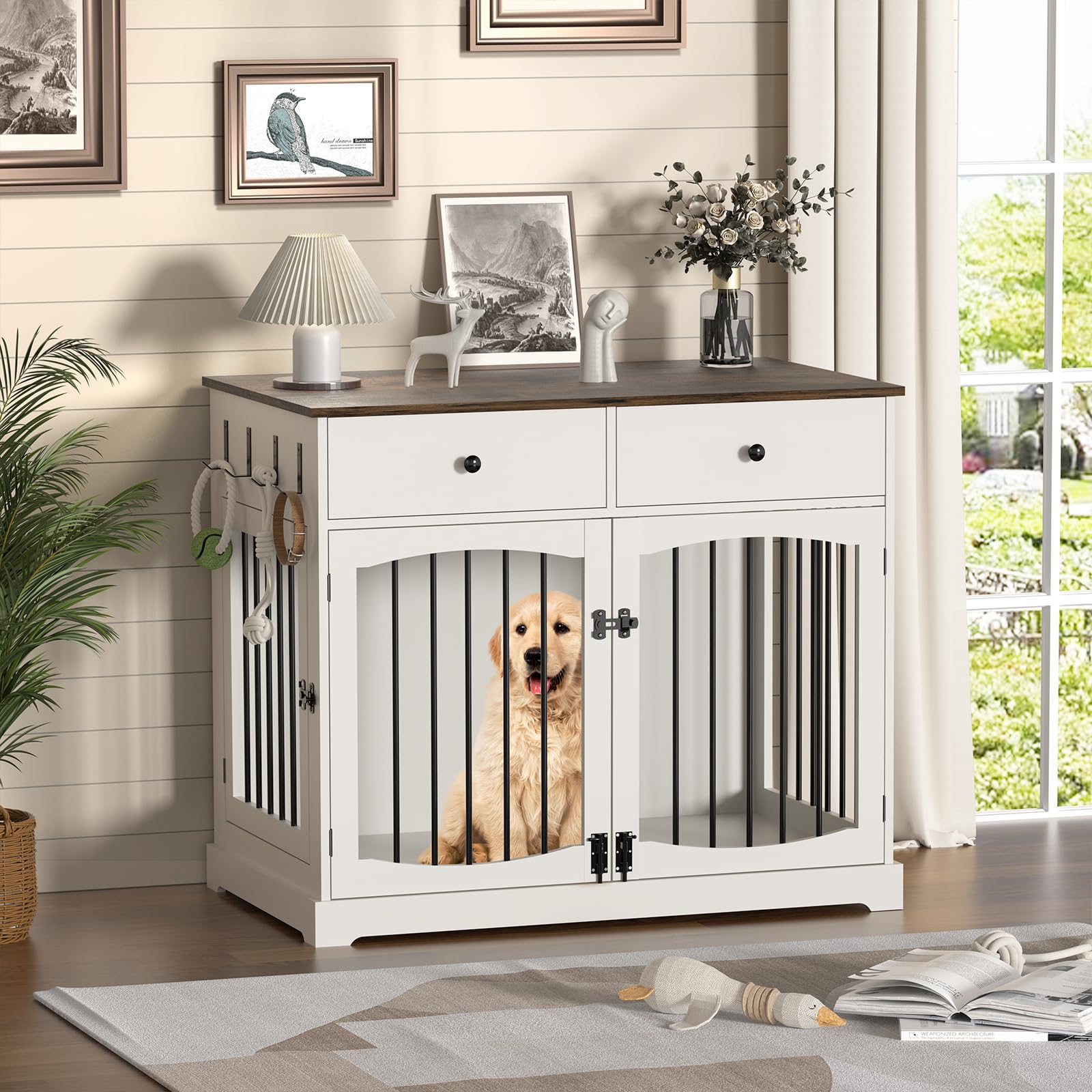 Dog Furniture Crate -40 inch Dog Kennel with Drawers-End Table Wooden Pet Crate, Double Door Design, Decorative Dog House Indoor for Small Medium
