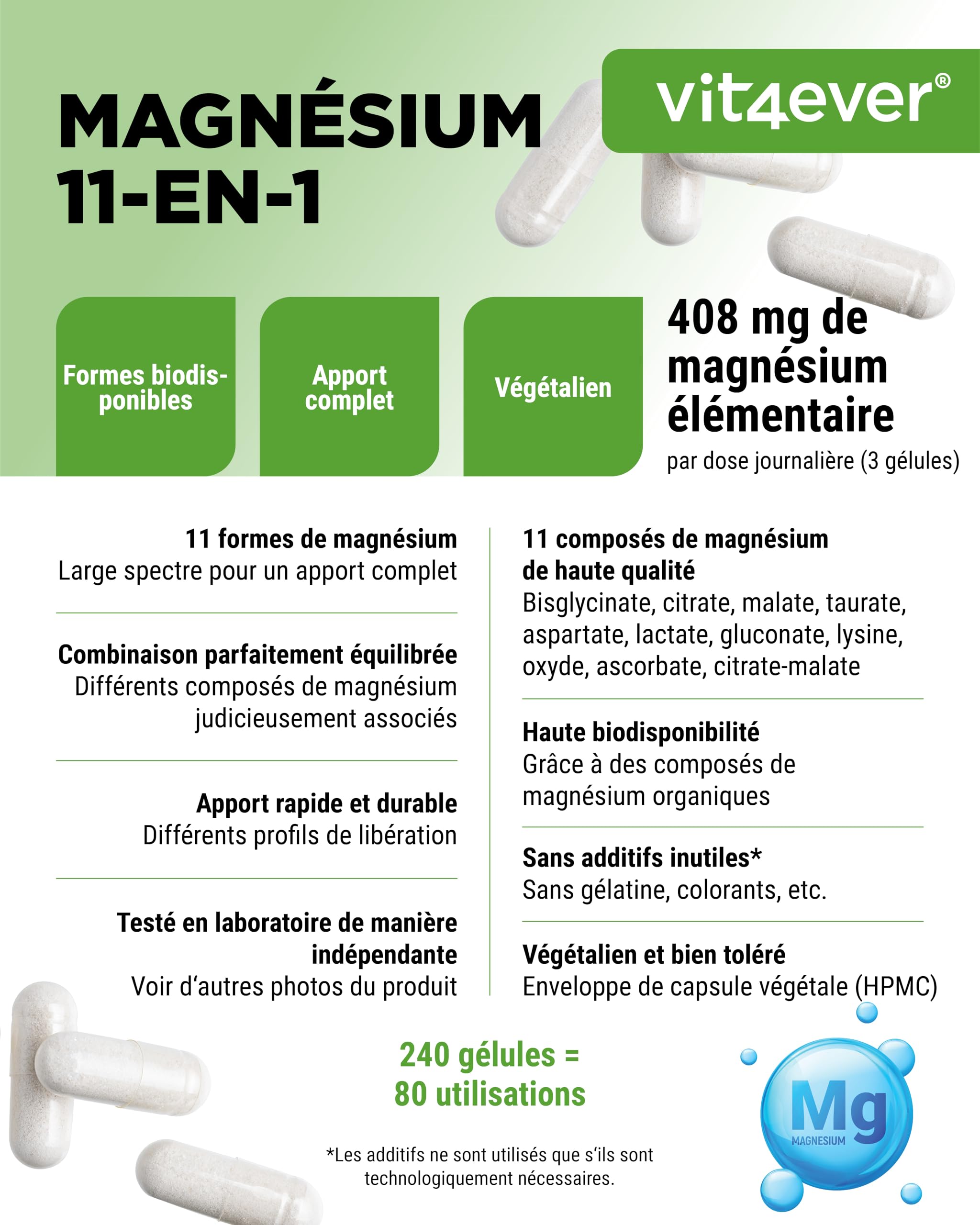 Complexe de Magnésium - 240 gélules - 11 composés de haute qualité - 408 mg de magnésium élémentaire par dose journalière - Hautement dosé - Vegan