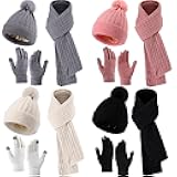 12 Pcs Women Beanie Scarf Gloves Sets Knitted Beanie Winter Hat Scarf Warm Touchscreen Gloves