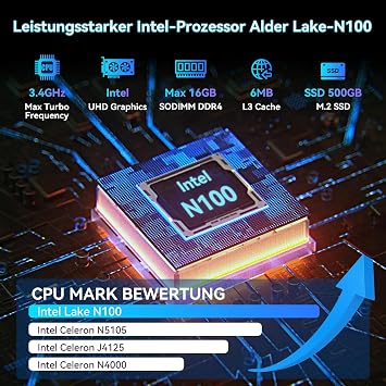 Mini PC N2 Alder Lake-N100 (bis zu 34 GHz) 16GB DDR4 500GB SSD Micro Desktop Computer 4K UHD WiFi 6 BT5.2 4K@60HZ UHD Dual Display für Business Heimkino