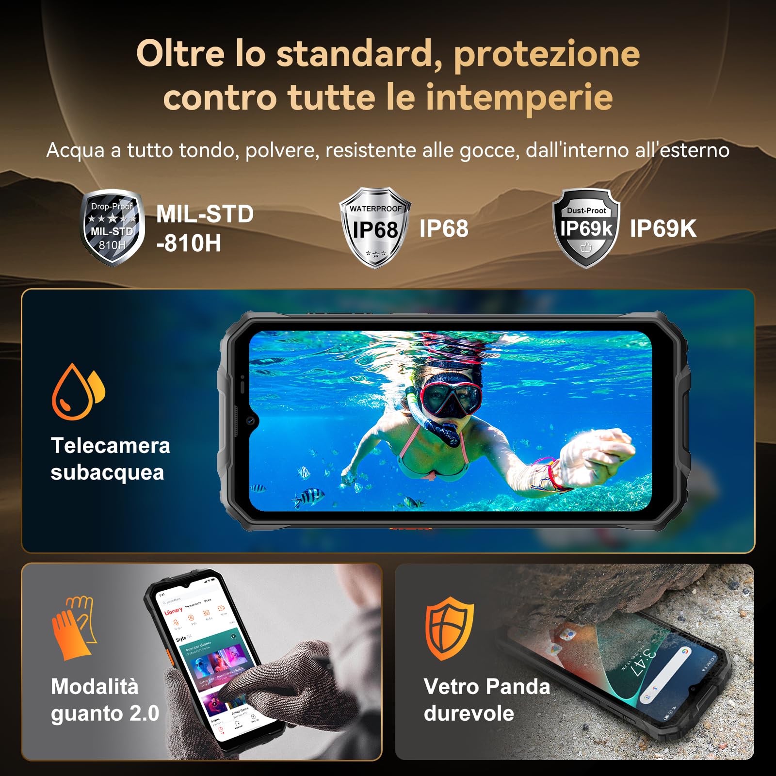 OSCAL MARINE 2 Rugged Smartphone 2025, 11000mAh 24GB+256GB/2TB Android 15 Telefono Indistruttibile, 6.56" HD+ 90Hz Rugged Phone, 16MP AI Cam, IP68/IP69K/Dual SIM/NFC/Face ID/OTG/GPS, Garanzia a vita