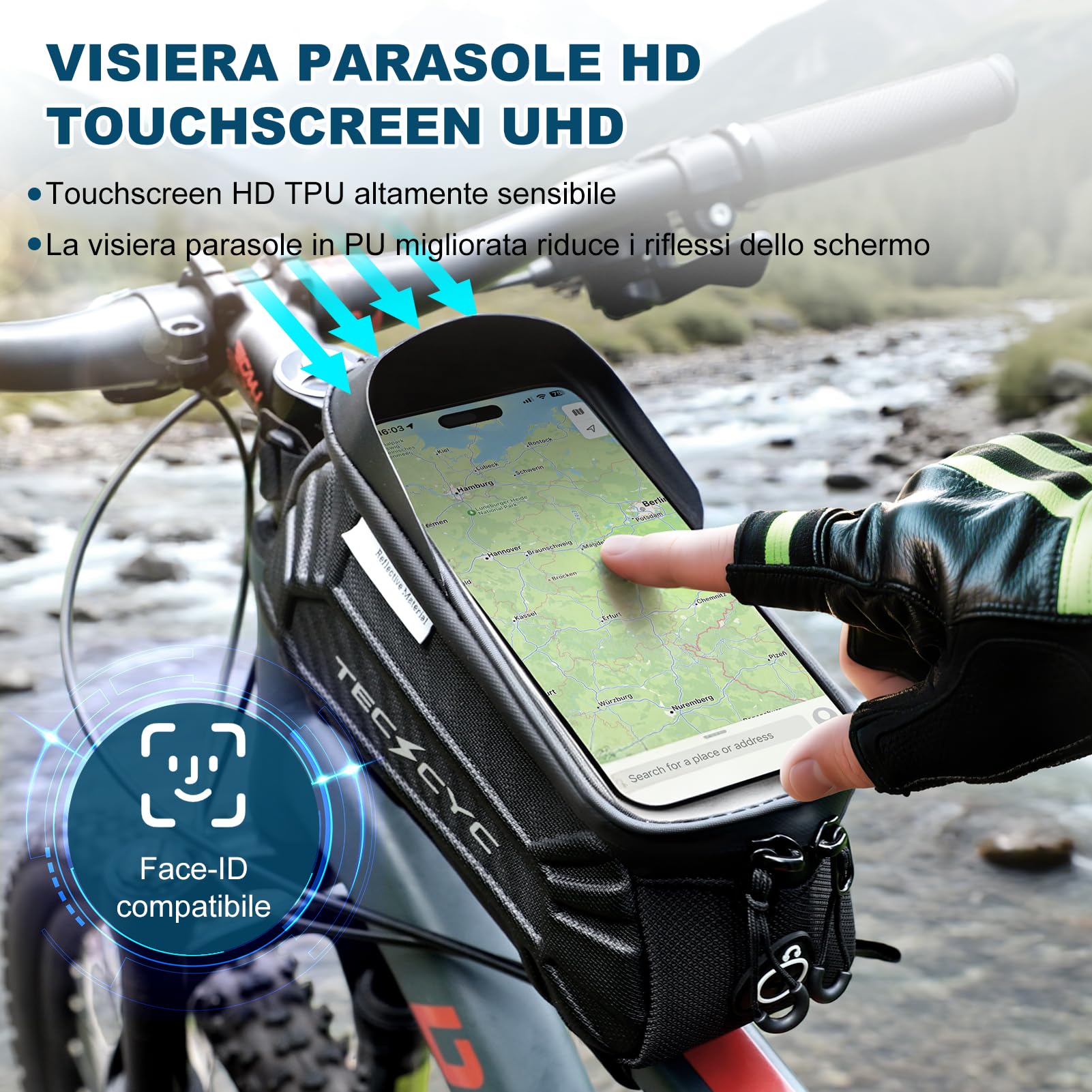 TECHCYC Borsa Telaio Bici con Riflettente, Borsa Bici con Touchscreen TPU,Borsello Tubo Anteriore Bici Impermeabile Antigraffio Tasca Cellulare 7 Pollici,per MTB,Bici Gravel,Bici Strada,Bici Elettrica