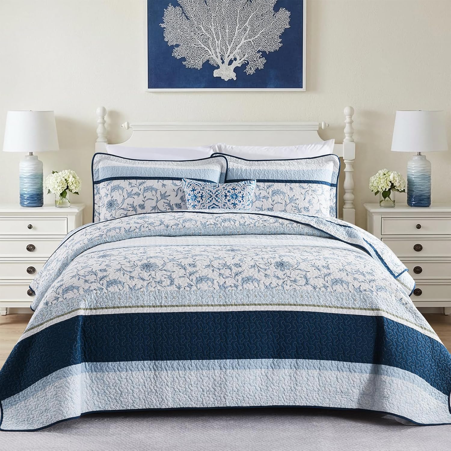 KALOOLA Navy White Quilt Queen, 100% Cotton Soft Lightweight 3 Pieces Quilted Bedding Set, Vintage Botanical Striped Bedspread with 2 Pillowshams, Farmhouse Printed Bed Coverlet for All Season