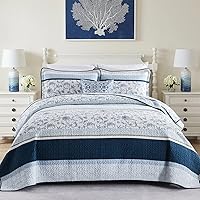 Vista 16 de KALOOLA Juego de edredón de granja tamaño King, 100% algodón, suave, ligero, acolchado con 2 fundas de almohada, patrón de rayas botánicas neutras