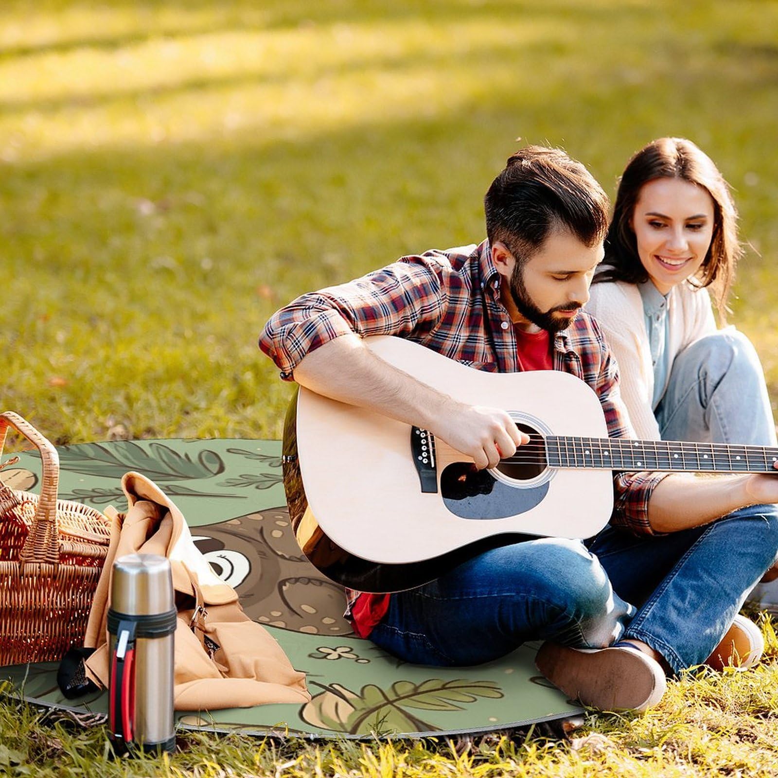 Koc piknikowy z leniwcem na trawie, okrągły, składany, lekki, wodoodporny koc plażowy, koc outdoorowy, na wiosnę, lato, kemping, do parku, trawy podróżnej