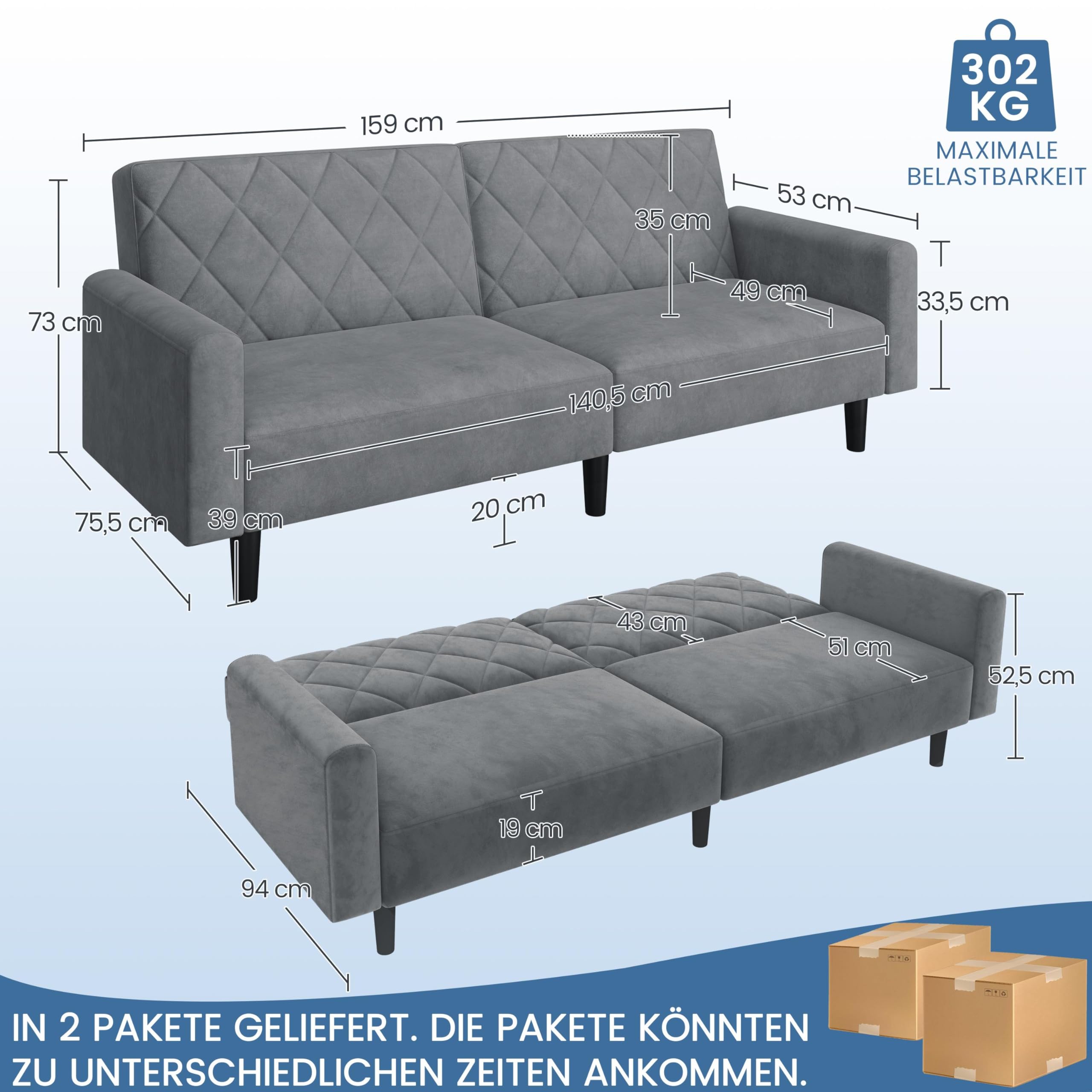 Yaheetech 2 Sitzer Sofa mit Schlaffunktion, 159cm Sofabett aus Samtstoff, Kleine Schlafcouch, 140,5 × 94 cm Liegefläche, für Wohnzimmer/Schlafzimmer, Dunkelgrau