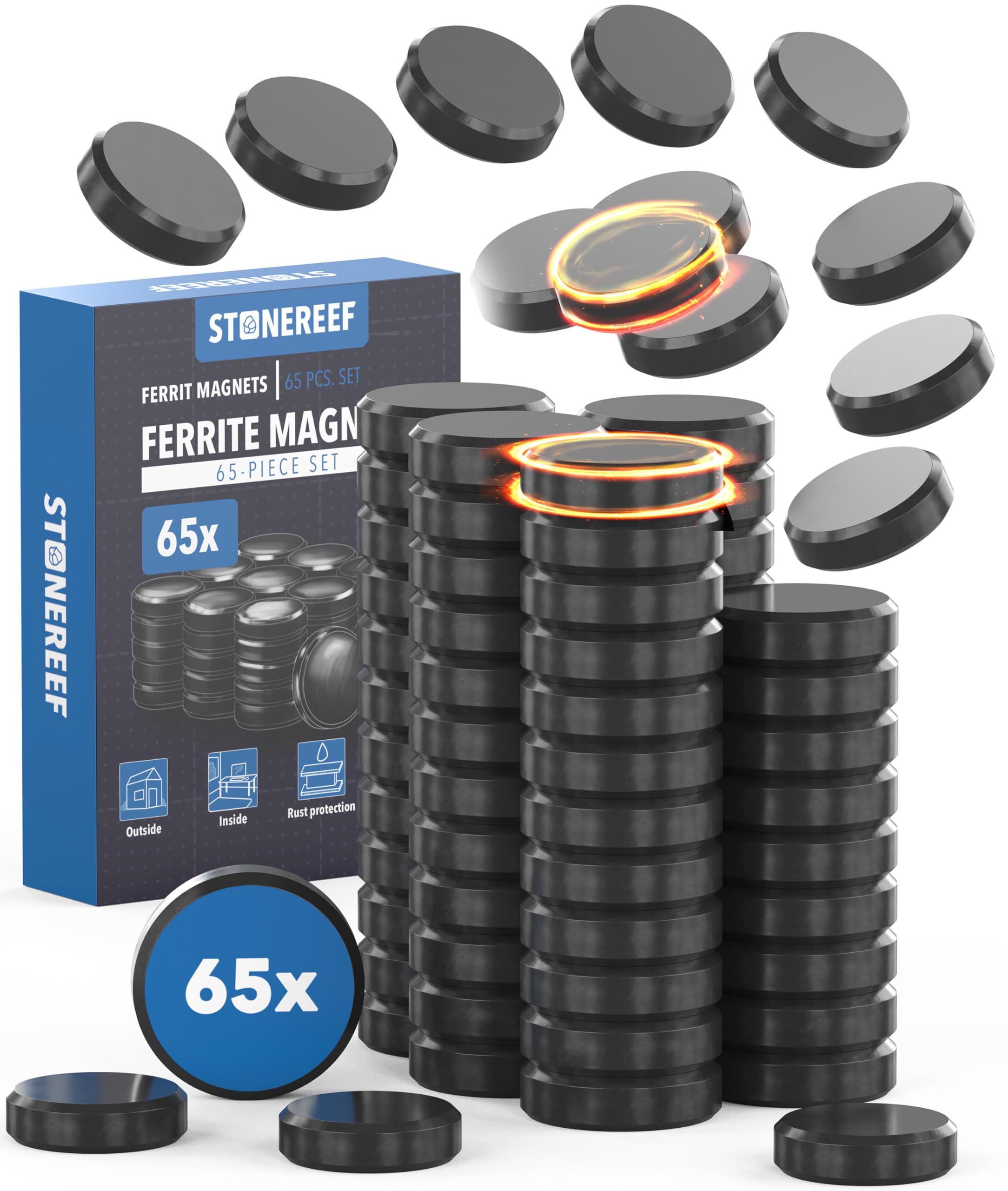 65 Piece Ferrite Magnet Set 17.6 x 4.9 mm – Y30 Ceramic – Heat & Corrosion Resistant – Circular Black Magnets – for Whiteboards, Workshops & Industrial Use