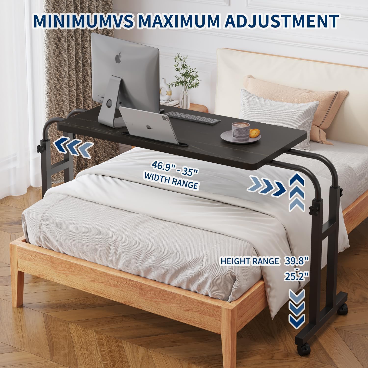 Overbed Table with Wheels Laptop Desk Cart Table Over The Bed Table Adjustable Height and Length for Hospital and Home use