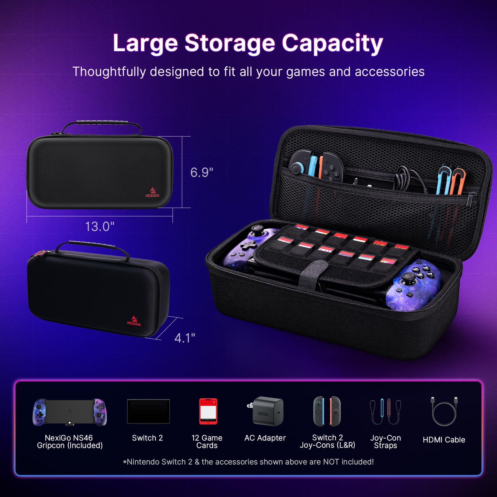 NexiGo Hall-Effekt-Gripcon mit Tragetasche für Switch 2, 4K-HDMI-Ausgang für TV-Modus, Handheld-Controller mit Hall-Sensing-Joysticks und Triggern, RGB-Lichter, Mapping, 6-Achsen-Gyro, Turbo, Cosmic