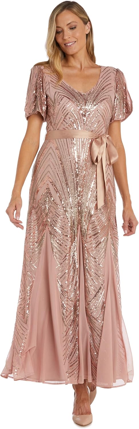 R&M Richards Long Sequined Panel Dress W/V-Neck & ¾ Sleeves