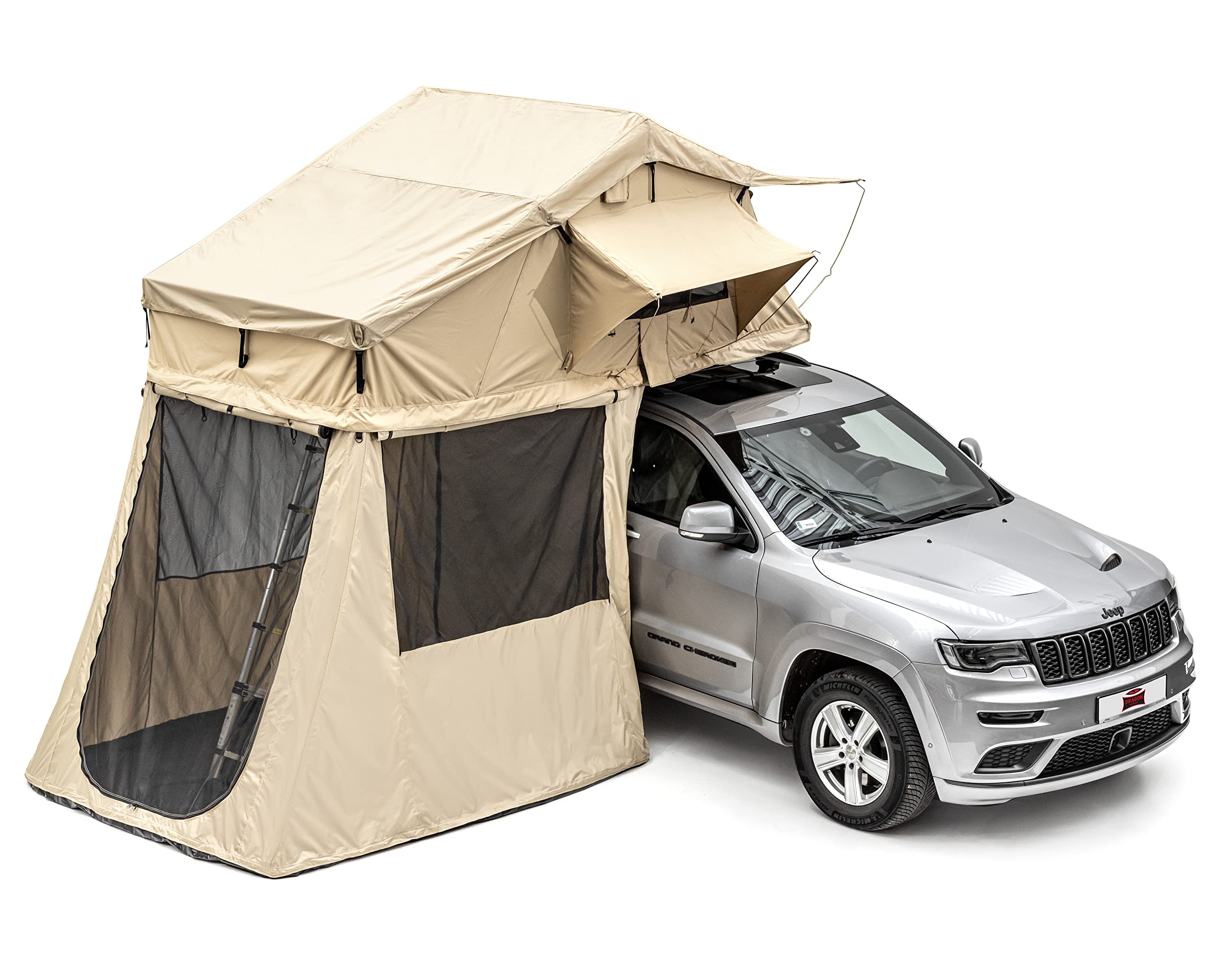 Dragon Winch Zelt mit Vorraum (Vorzelt) + Matratze - Komfortables, geräumiges und mobiles Campingzelt, komplett mit Teleskopleiter, Zubehörtaschen und Moskitonetzen | Camping Zelt | Wasserdicht