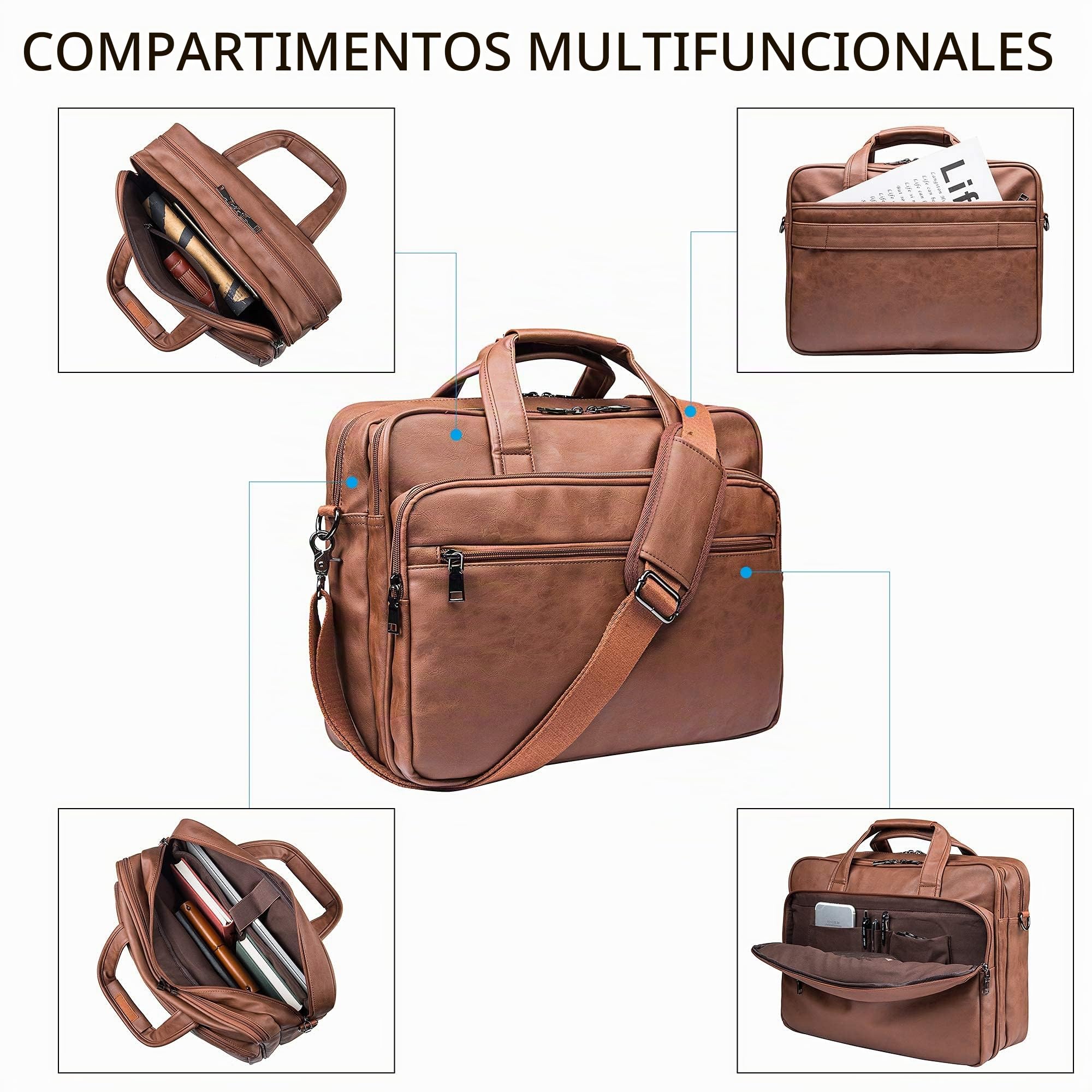 seyfocnia Bolso de cuero para ordenador portátil para hombre, 15.6 pulgadas, 17.3 pulgadas, maletín de negocios, bolso de hombro para computadora