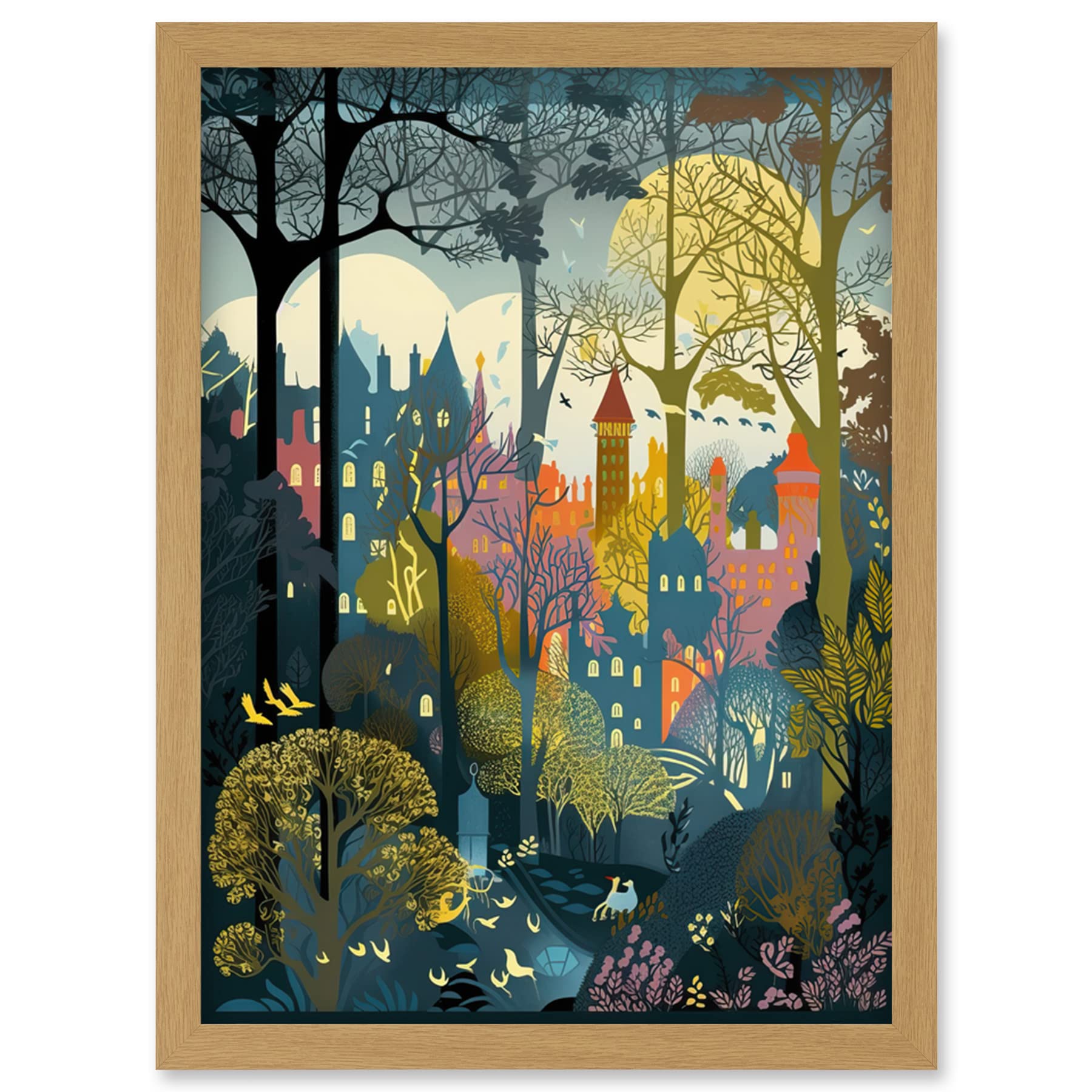 Artery8 Village Through Sherwood Forest Tree Landscape Artwork Framed Wall Art Print A4
